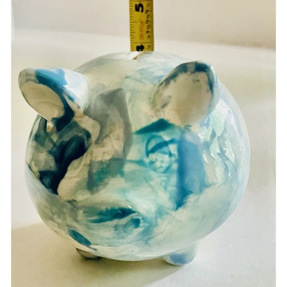 Handmade Ceramic Pottery Piggy Bank Blue White Swirled  Spongeware